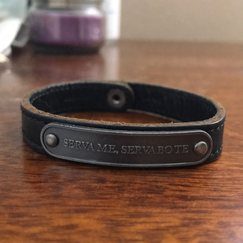 Marc Jacobs Latin black leather bracelet.